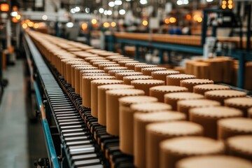 Obraz premium Close-up of a Conveyor Belt Carrying Cylindrical Products in a Factory Setting