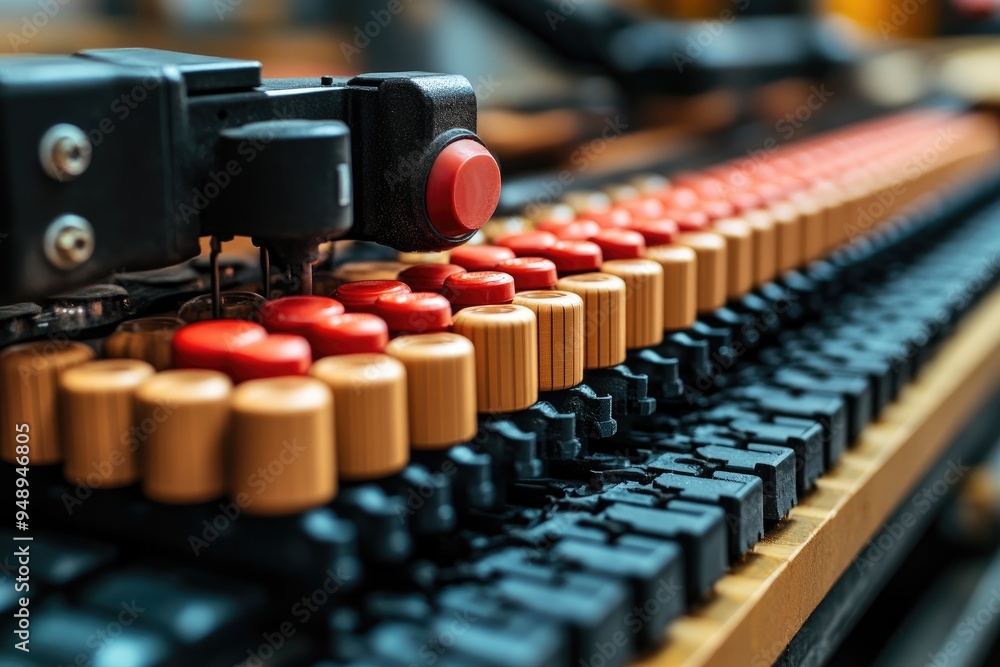 Poster close-up of a machine with red and tan buttons