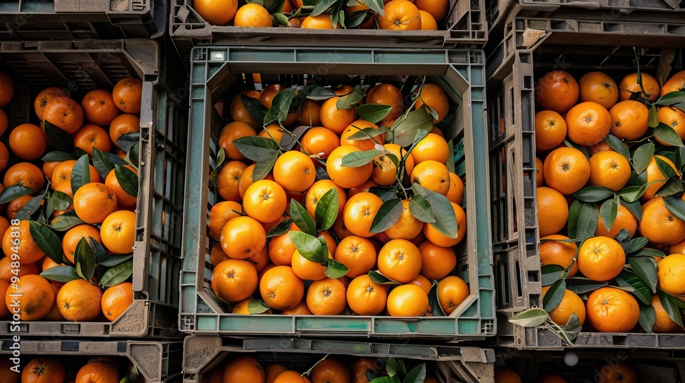 Wall mural fresh oranges with leaves in crates at the market: aerial view of vibrant citrus harvest