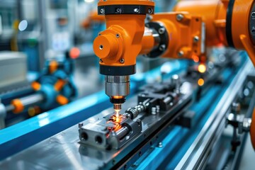 Close-up of an orange robotic arm welding a metal part on a conveyor belt.