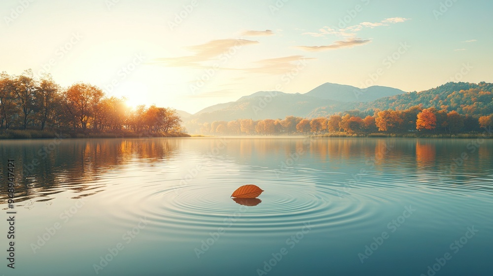 Sticker   A photo of a vast lake with an orange sphere floating in its center and majestic mountains reflected on its surface