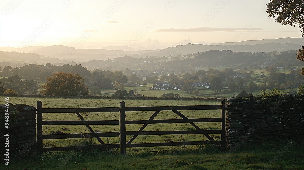 Sticker wooden fence in green field facing town and distant hills