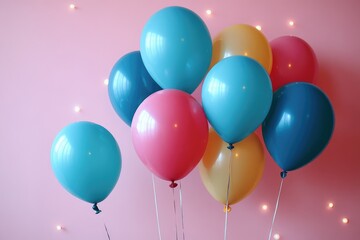 Colorful Balloons Floating Against a Pink Wall