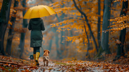 Autumn Walk in the Rain: Woman with Yellow Umbrella Strolling with Dog in Colorful Forest