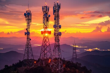 Communication Towers Silhouetted Against a Sunset Over Mountain Ranges