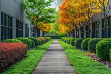 Obraz premium Concrete Path Through a Landscaped Office Building Courtyard