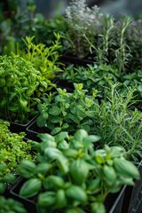 Close-Up of Fresh Green Herbs in Garden Pots: Basil, Mint, Rosemary, and Other Aromatic Plants