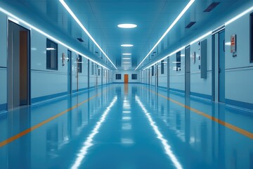 Obraz premium Empty Blue Corridor With Doors and Orange Stripe
