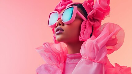 Elegant person in pink attire with obscured face posing artistically.