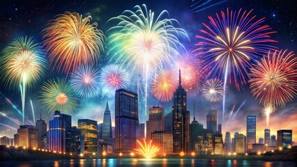 Spectacular Fireworks Over a City Skyline at Night, Festive Celebration