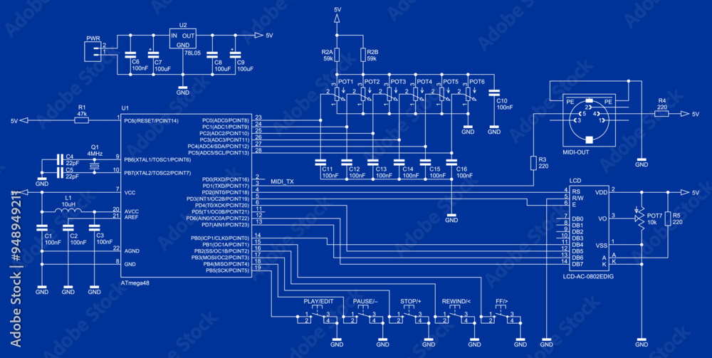 Poster schematic diagram of electronic device. vector technical drawing electrical circuit with microcontro