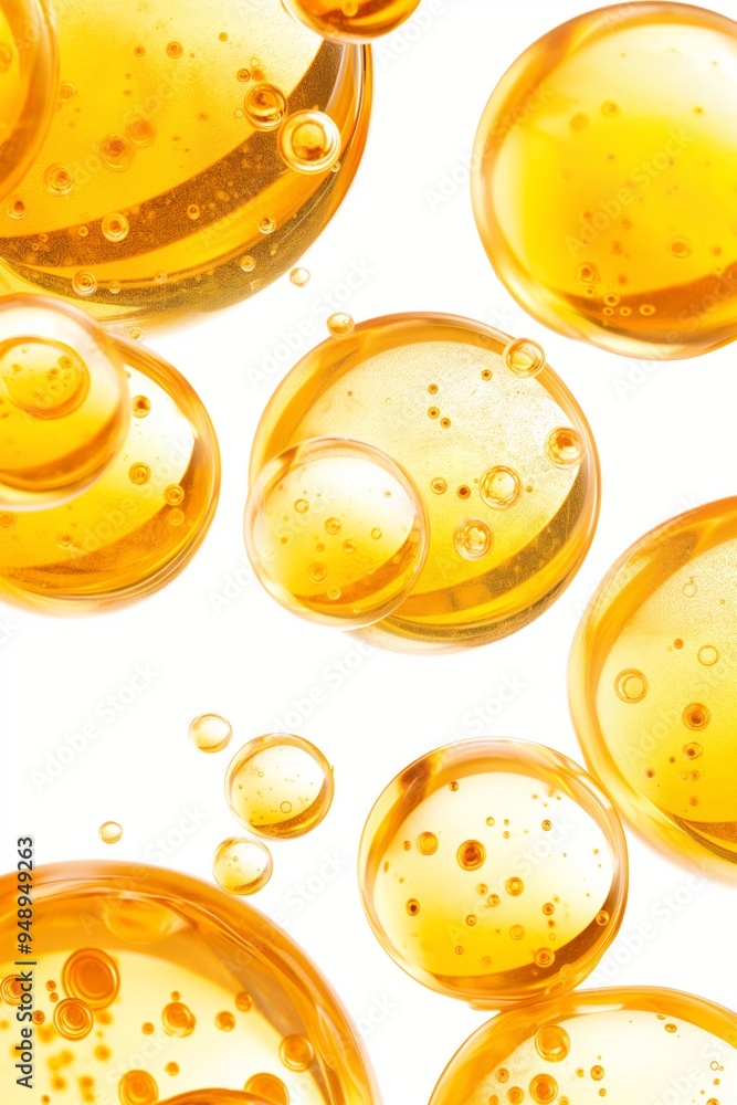 Poster a close up of many small yellow bubbles. the bubbles are all different sizes and are floating in the