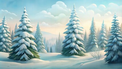 Obraz premium Snow-Covered Pine Trees in a Serene Winter Landscape, Soft Pastel Sky