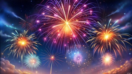 Obraz premium Bright Fireworks in the Night Sky, New Year's Eve Celebration