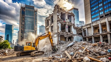 A excavator tears down a worn, graffiti-covered urban building, surrounded by rubble and debris, as a new high-rise rises in the background, symbolizing renewal.