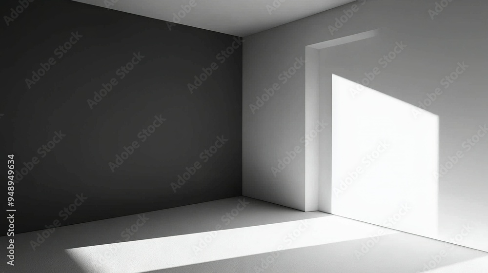 Poster a monochrome picture of an empty room with light entering from the distant corner