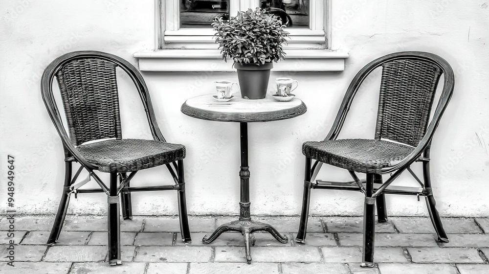 Poster a monochromatic image depicting two seats and a table with a pot positioned atop it