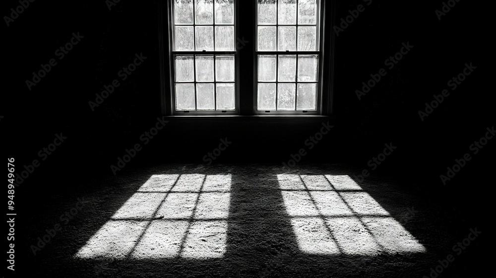 Poster two windows in a dark room with a rug on the floor in front of them