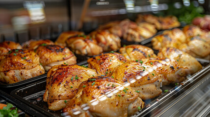 Roast chicken displayed in grocery store deli section.