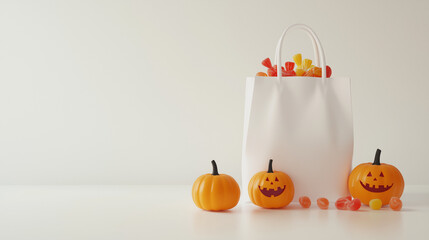 Halloween candy bag overflowing with sweets, surrounded by small decorative pumpkins and candies on a white background