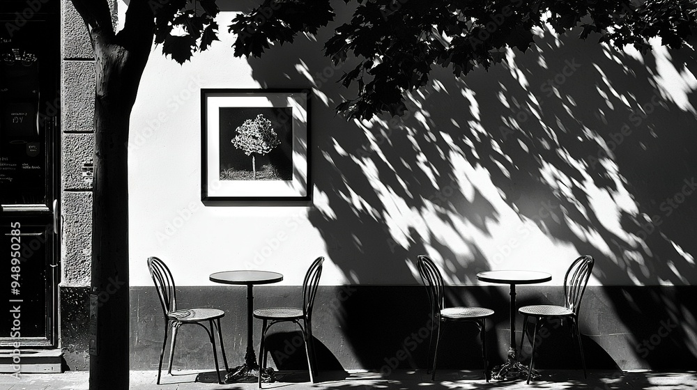Poster three chairs and a table in front of a wall, illuminated by a tree's shadow