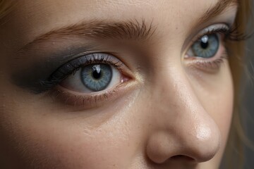 Naklejka premium close up of a cute female eye ,Write a scene where a character with tigers eye ,Eye with green iris,Cropped close up bloodshot eye,Close up detail beautiful female eye macro, fashion naturel makeup.