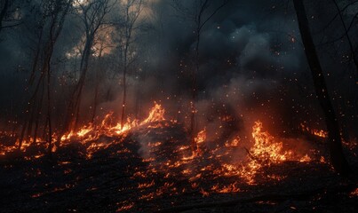 Flames engulfing trees in a forest, the fire spreading rapidly through the dry underbrush