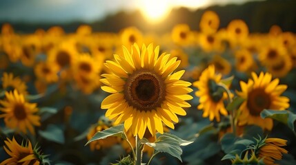 Fototapeta premium A field of yellow sunflowers with a single yellow flower in the foreground