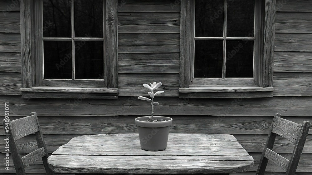 Poster a monochrome image portrays a table with two seats and a flower pot before a window