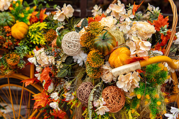 Retro bike with autumn decor. Flower arrangement of artificial plants and pumpkins