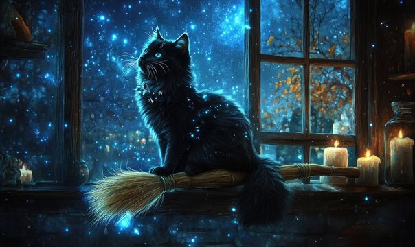 Fluffy black cat sitting daintily on a floating broom