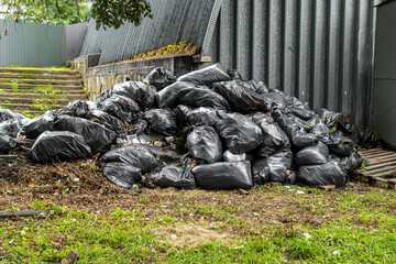 A lot of black garbage bags with garbage. Cleaning of garbage and dry leaves on street