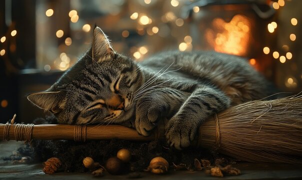 Gray tabby cat curled up comfortably on a floating broom