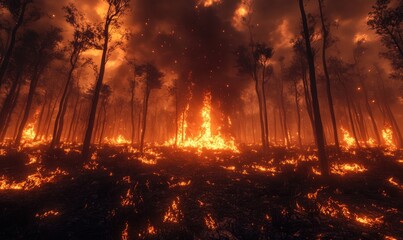 Intense flames spreading across a dry forest