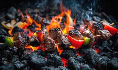 Hot, bright charcoal embers under a metal grill, vegetables and meat caramelizing above