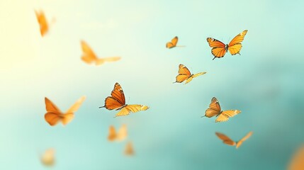   A flock of orange butterflies soaring against a blue sky and a lighter blue background