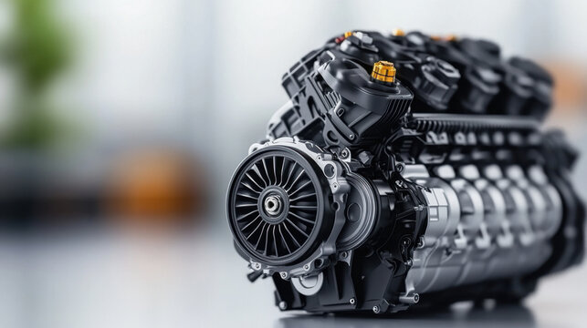 High-performance car engine with metallic details showcased in a bright, modern workshop setting, focusing on advanced automotive technology.