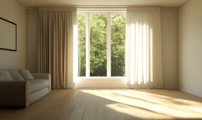 Minimalist living room, wide window with beige curtains