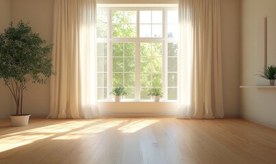 Minimalist living room, wide window with beige curtains