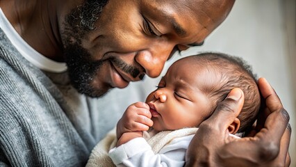 A gentle dark-skinned father's hand cradles his newborn baby's tiny hand, showcasing loving paternal bonding and tender affection in a heartwarming moment of intimacy.