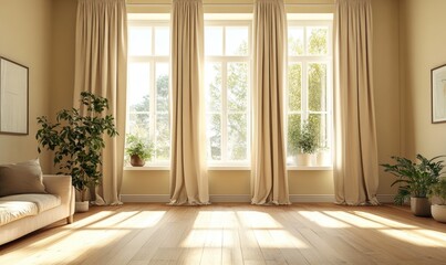 Minimalist living room, wide window with beige curtains