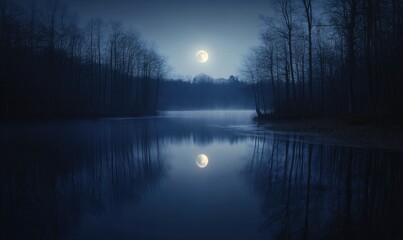 Moonlight casting a soft glow on a calm pond