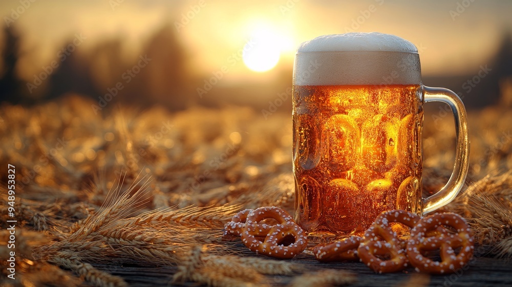 Poster Large glass of beer with pretzels is standing on a table with a field of barley in the background at sunset, creating a warm and inviting atmosphere