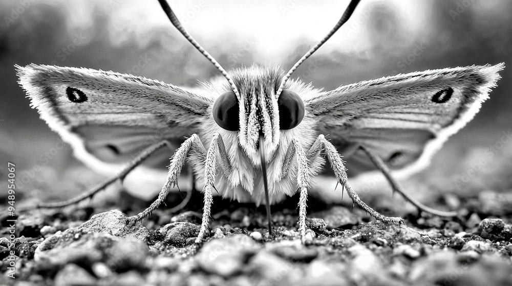 Aufkleber a monochrome image capturing a moth resting atop a rocky terrain with a hazy backdrop