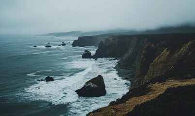 Overcast sky stretching endlessly above a rocky coastline