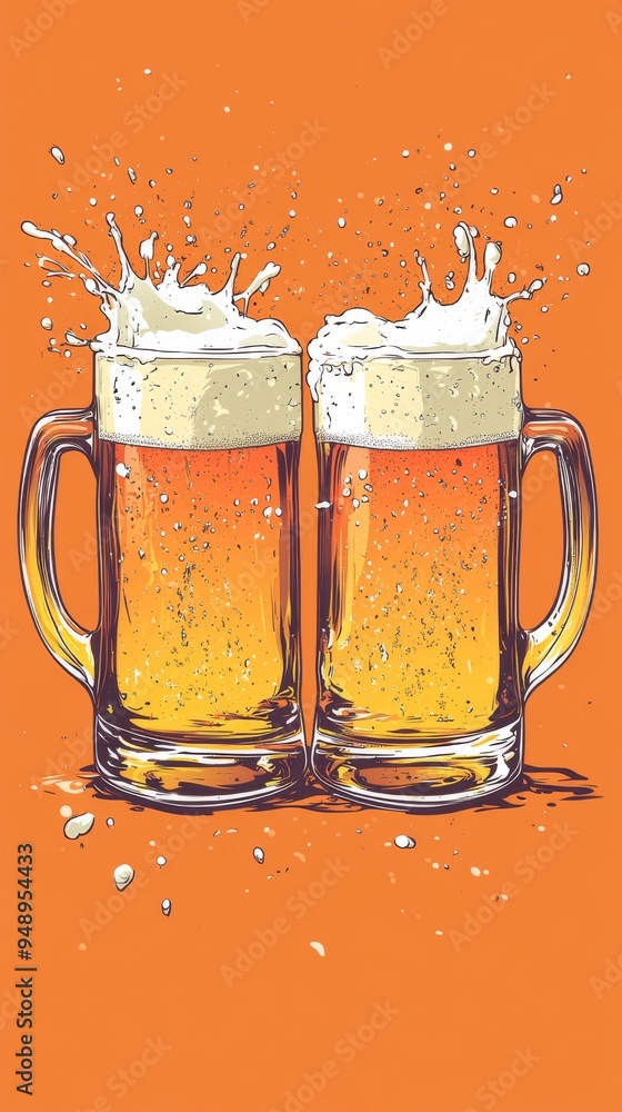 Poster two glass mugs full of beer are clinking together with beer splashing out of the top creating a refr