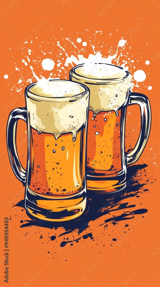 Poster two beer mugs overflowing with foam splash on an orange background. creating a festive atmosphere pe