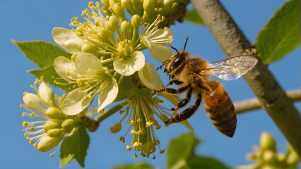 A bee collects honey from linden flowers. Linden honey