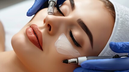 Naklejka premium Aesthetic practitioner performs skin treatment on a woman's face in a modern beauty clinic during a spa session