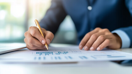A close-up view of a professional working on financial reports in an open office setting, highlighting the detailed examination of data charts and graphs. The environment suggests